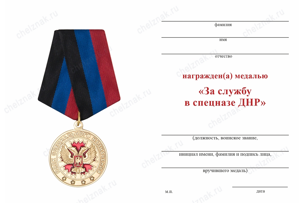 Обратная сторона награды Медаль «За службу в спецназе ДНР» с бланком удостоверения