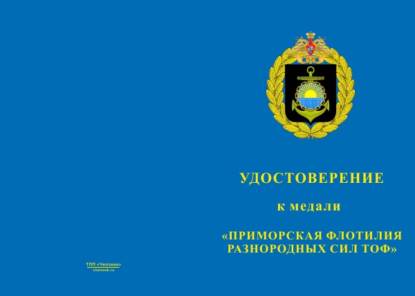 Лицевая сторона награды Медаль «Приморская флотилия разнородных сил ТОФ» с бланком удостоверения
