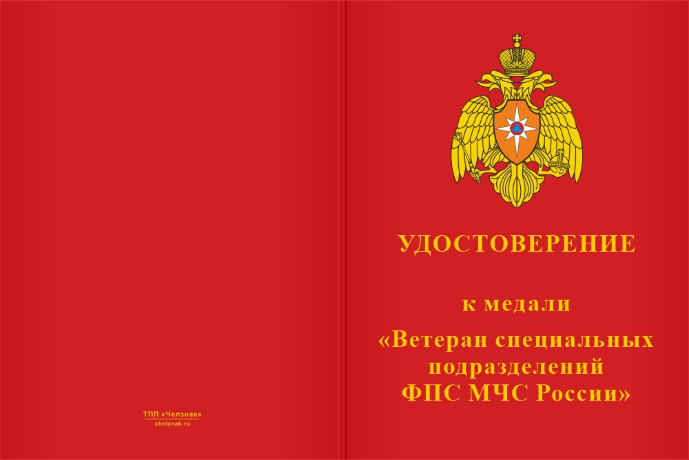 Бланк лицевая сторона Медаль «Ветеран специальных подразделений ФПС МЧС России» с бланком удостоверения