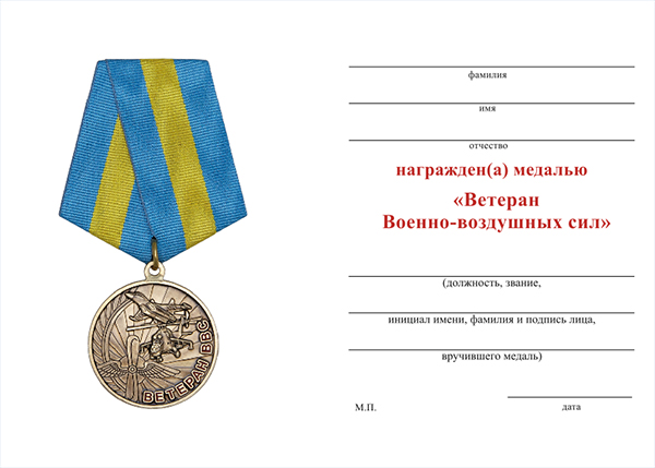 Обратная сторона награды Медаль «Ветеран ВВС Российской Федерации» с бланком удостоверения