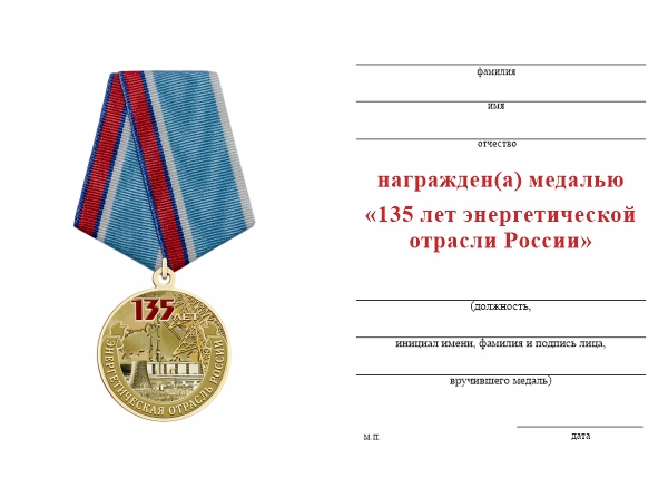 Обратная сторона награды Медаль «135 лет энергетической отрасли России» с бланком удостоверения