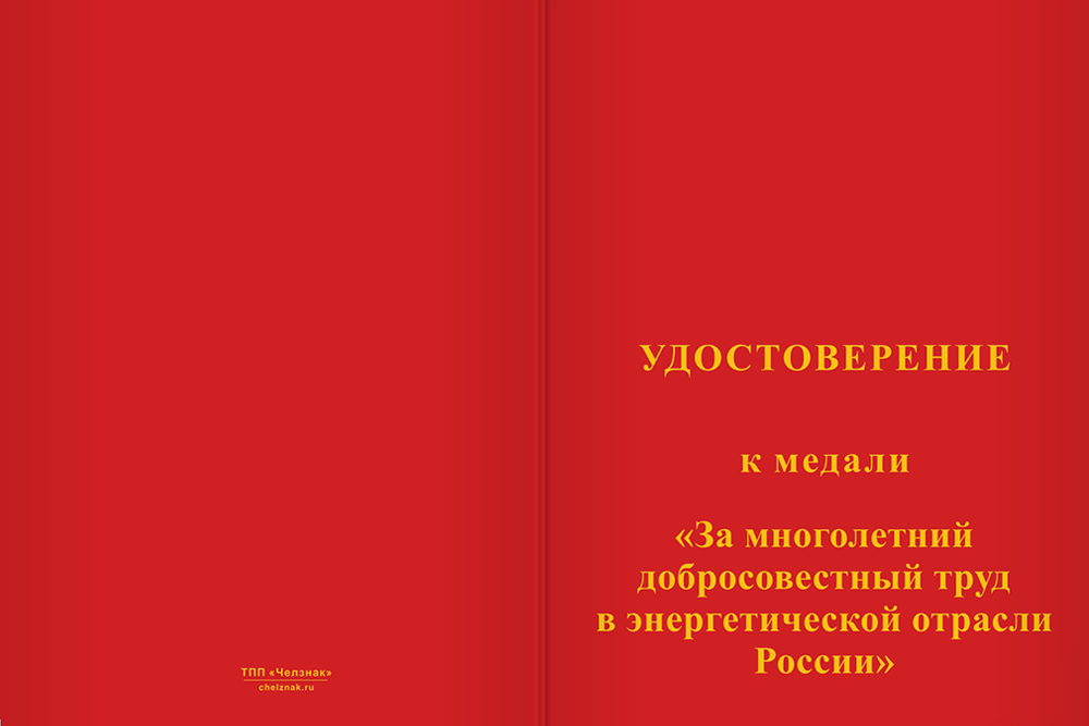 Бланк лицевая сторона Медаль «За многолетний добросовестный труд в энергетической отрасли» с бланком удостоверения