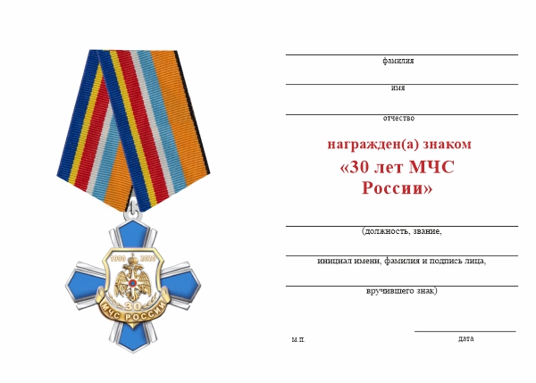 Обратная сторона награды Знак на колодке «30 лет МЧС России» с бланком удостоверения