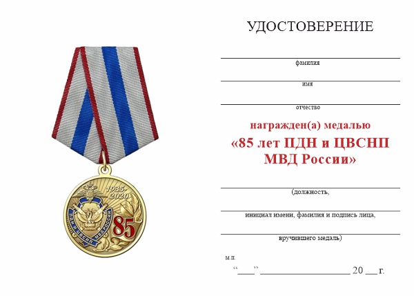 Обратная сторона награды Медаль «85 лет ПДН и ЦВСНП МВД России» с бланком удостоверения