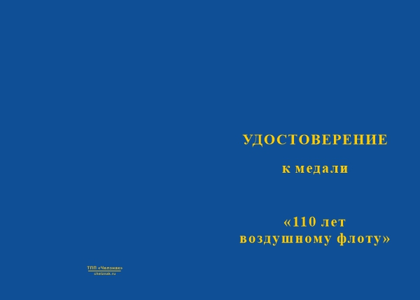 Лицевая сторона награды Медаль «110 лет воздушному флоту» с бланком удостоверения