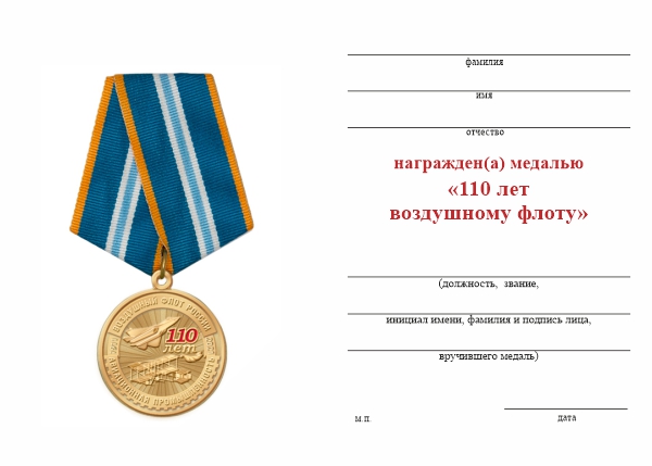 Обратная сторона награды Медаль «110 лет воздушному флоту» с бланком удостоверения