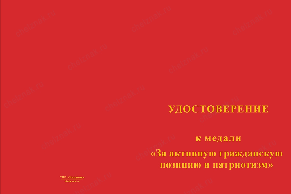 Лицевая сторона награды Медаль «За активную гражданскую позицию и патриотизм» с бланком удостоверения