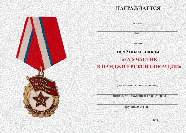 Обратная сторона награды Знак «За участие в Панджшерской операции. Афганистан» с бланком удостоверения