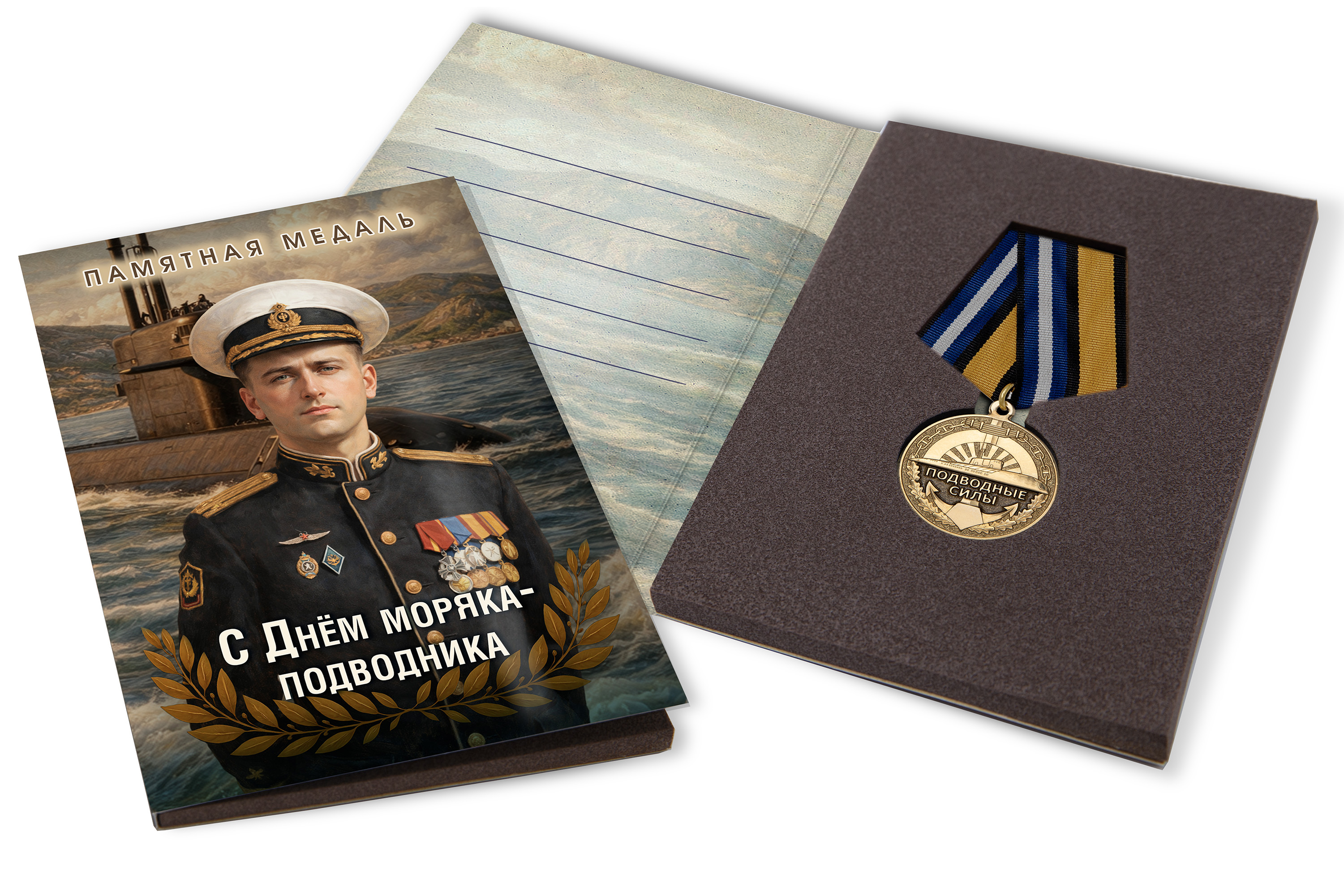 Лицевая сторона награды Поздравительная открытка с медалью «С Днём моряка-подводника»