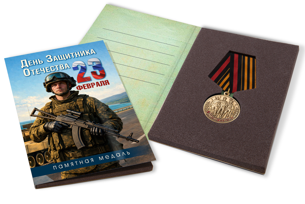 Поздравительная открытка с медалью «С Днём защитника Отечества»