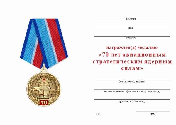 Обратная сторона награды Медаль «70 лет авиационным стратегическим ядерным силам России» с бланком удостоверения