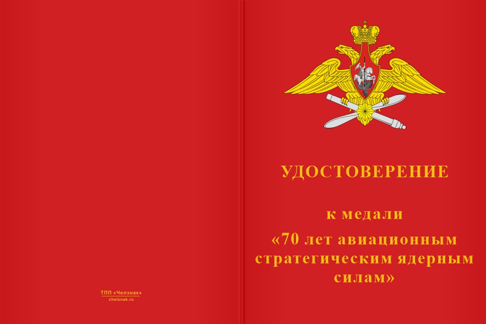 Бланк лицевая сторона Медаль «70 лет авиационным стратегическим ядерным силам России» с бланком удостоверения