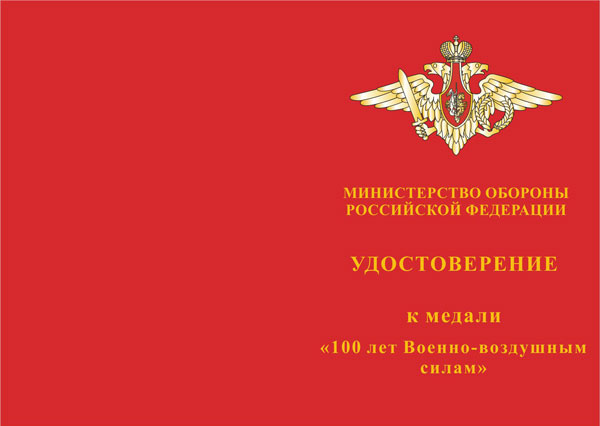 Лицевая сторона награды Медаль МО РФ «100 лет ВВС» с бланком удостоверения