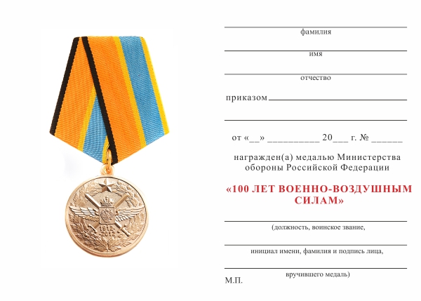 Обратная сторона награды Медаль МО РФ «100 лет ВВС» с бланком удостоверения