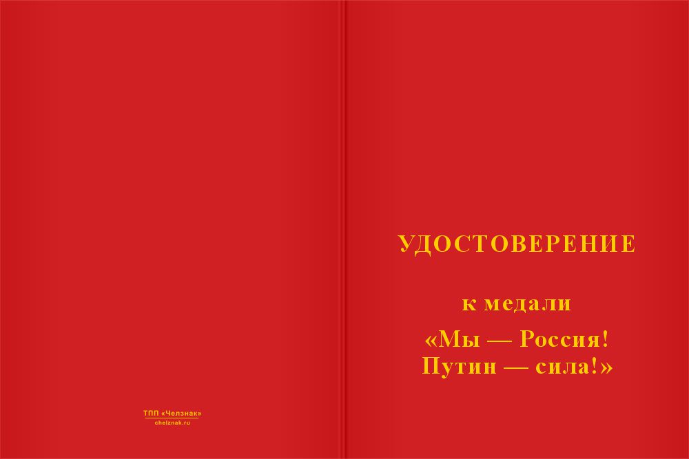 Бланк лицевая сторона Медаль «Мы Россия - Путин сила!» с бланком удостоверения