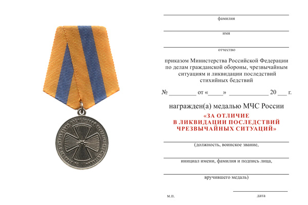 Обратная сторона награды Медаль «За отличие в ликвидации последствий ЧС» с бланком удостоверения