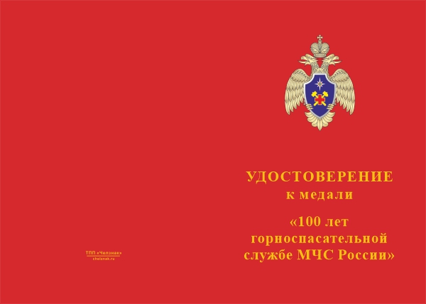 Лицевая сторона награды Медаль «100 лет горноспасательной службе» с бланком удостоверения