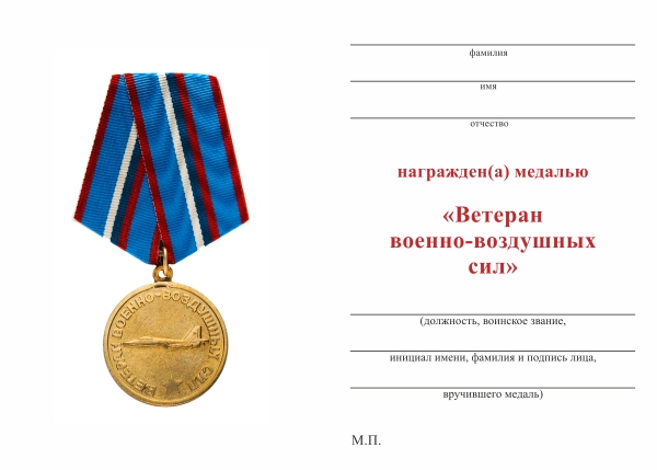 Обратная сторона награды Медаль «Ветеран ВВС России» с бланком удостоверения