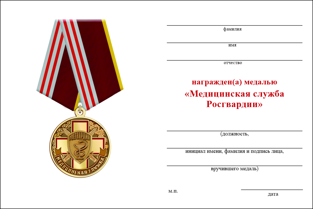 Бланк оборотная сторона Медаль «Медицинская служба Росгвардии» с бланком удостоверения