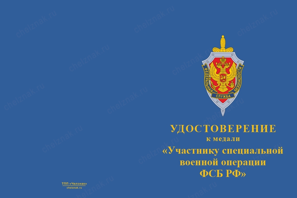 Лицевая сторона награды Медаль «Участнику специальной военной операции ФСБ РФ» с бланком удостоверения