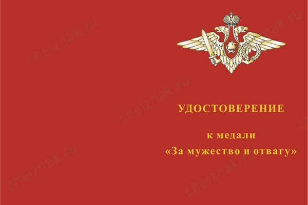 Лицевая сторона награды Медаль «За мужество и отвагу» с бланком удостоверения