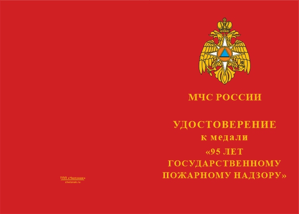 Лицевая сторона награды Медаль «95 лет Государственному пожарному надзору ГПН» с бланком удостоверения