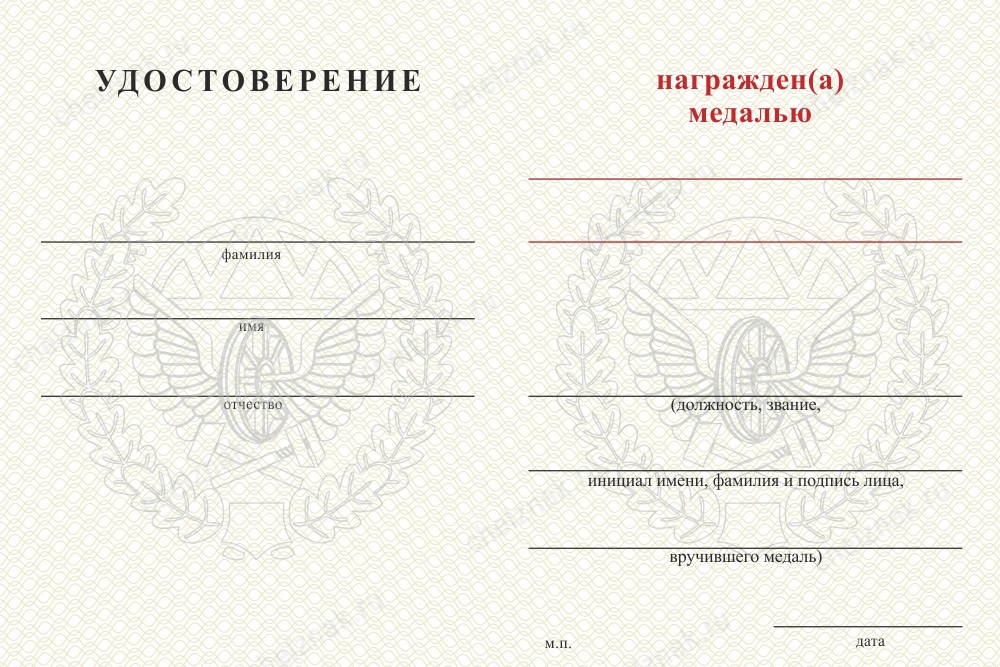 Обратная сторона награды Медаль ЖДВ (с текстом заказчика), с бланком удостоверения