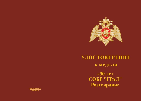 Лицевая сторона награды Медаль «30 лет СОБР УФСВНГ по Республике Ингушетия» с бланком удостоверения