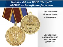 Медаль «30 лет СОБР "Ястреб" СОБР УФСВНГ по Республике Дагестан» с бланком удостоверения