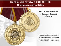Медаль «За службу в СИБО ВНГ РФ. Войсковая часть 3478» с бланком удостоверения