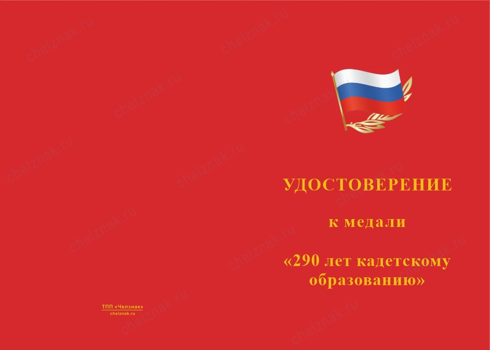 Лицевая сторона награды Медаль «290 лет кадетскому образованию» с бланком удостоверения