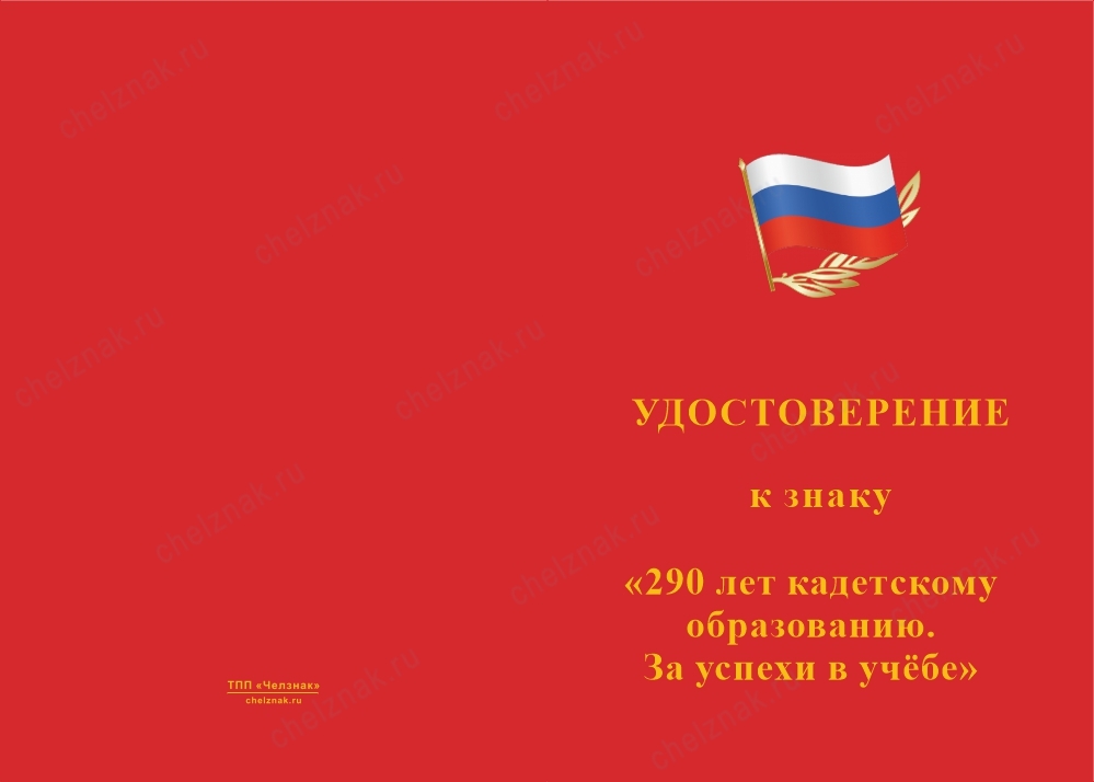 Лицевая сторона награды Знак на кресте «290 лет кадетскому образованию. За успехи в учёбе» с бланком удостоверения