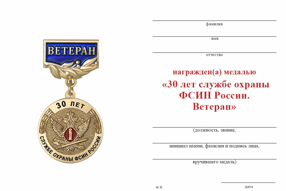 Бланк оборотная сторона Медаль «30 лет службе охраны ФСИН России. Ветеран» с бланком удостоверения