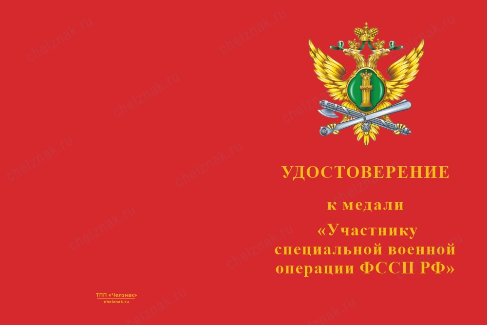 Лицевая сторона награды Медаль «Участнику специальной военной операции ФССП РФ» с бланком удостоверения