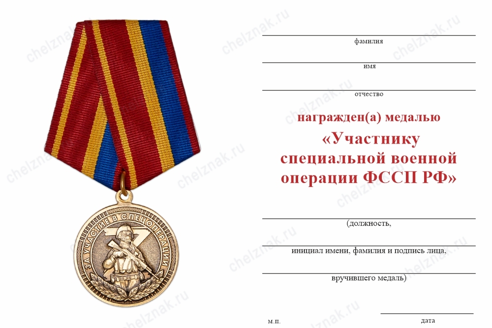 Обратная сторона награды Медаль «Участнику специальной военной операции ФССП РФ» с бланком удостоверения