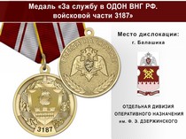 Медаль «За службу в в/ч 3187 ОДОН» с бланком удостоверения