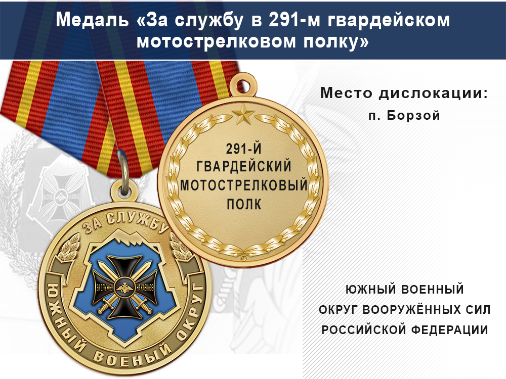 Медаль «За службу в 291-м гвардейском мотострелковом полку» с бланком удостоверения