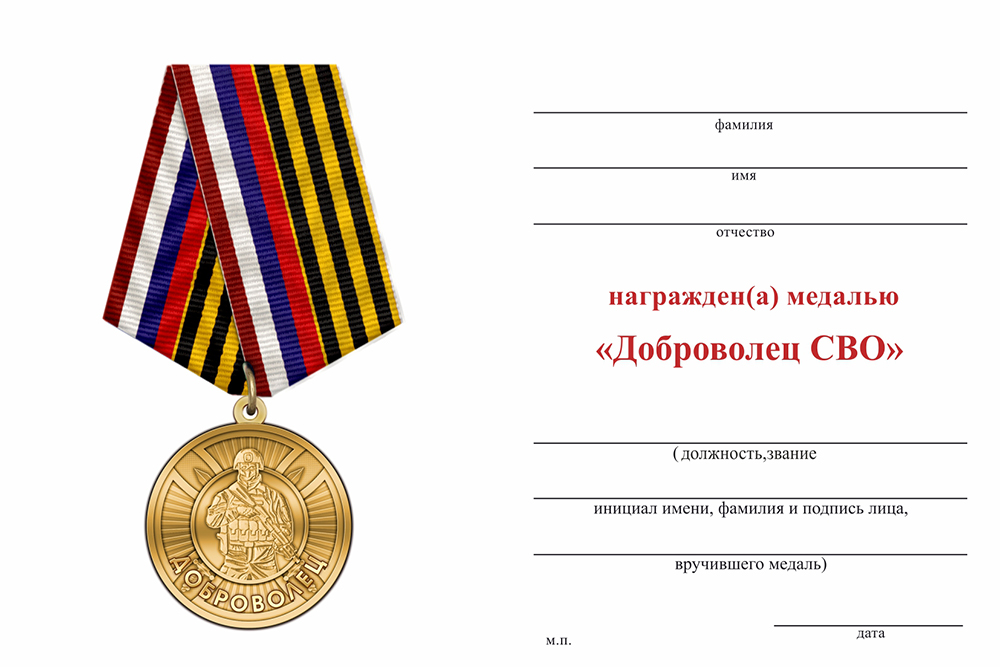 Бланк оборотная сторона Медаль «Доброволец СВО из Батальона МТО "Сейм"» с бланком удостоверения