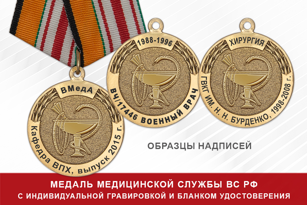 Обратная сторона награды Медаль медицинской службы ВС РФ (с текстом заказчика), с бланком удостоверения