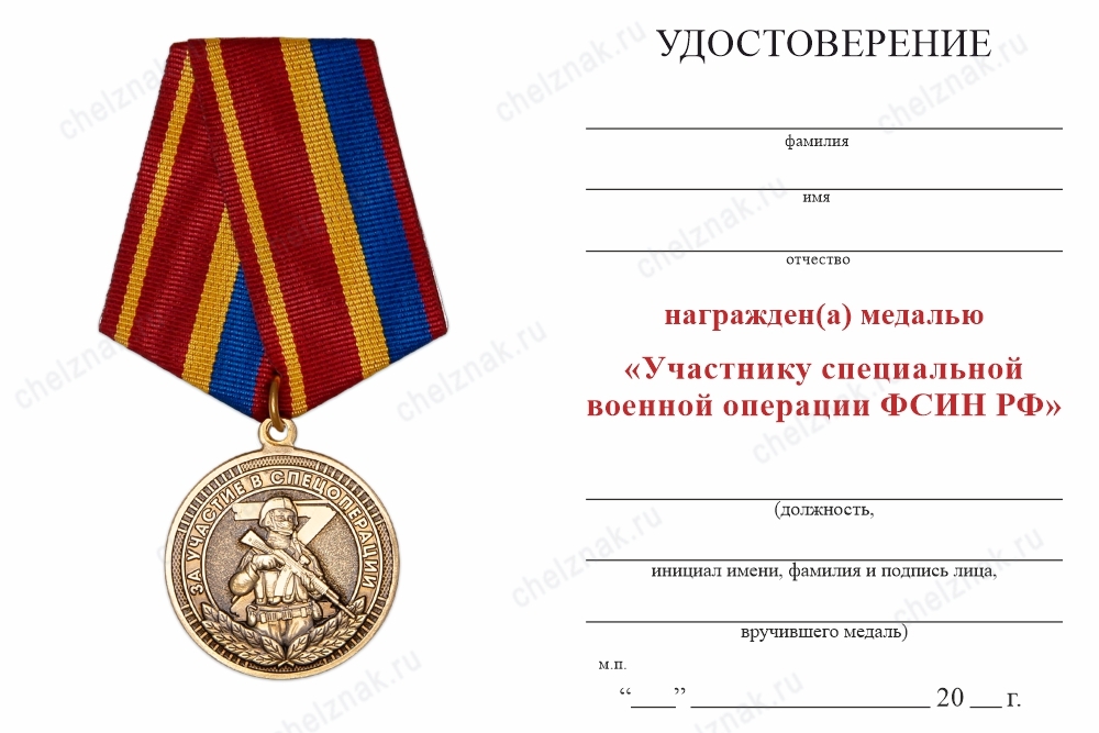 Обратная сторона награды Медаль «Участнику специальной военной операции ФСИН РФ» с бланком удостоверения