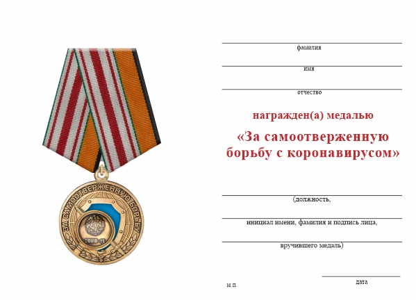 Обратная сторона награды Медаль МЧС «За самоотверженную борьбу с коронавирусом» с бланком удостоверения
