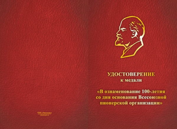 Лицевая сторона награды Медаль на вертикальной колодке «100 лет Всесоюзной пионерской организации» с бланком удостоверения