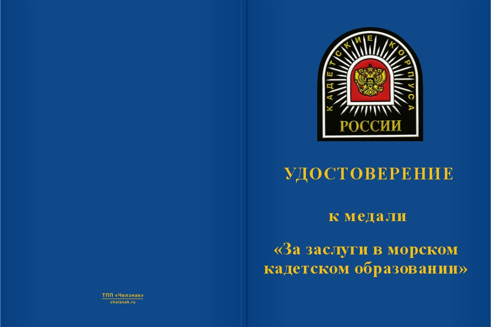 Бланк лицевая сторона Медаль «За заслуги в морском кадетском образовании» с бланком удостоверения