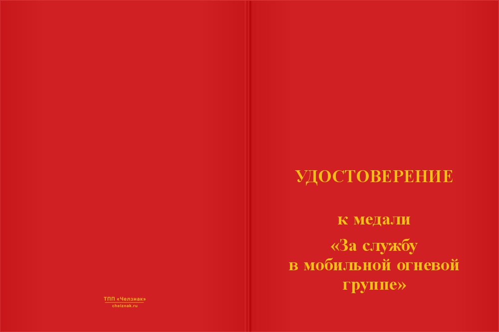 Бланк лицевая сторона Медаль «Мобильная огневая группа. За службу» с бланком удостоверения