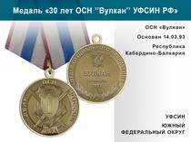 Медаль «30 лет ОСН "Вулкан" УФСИН РФ» с бланком удостоверения