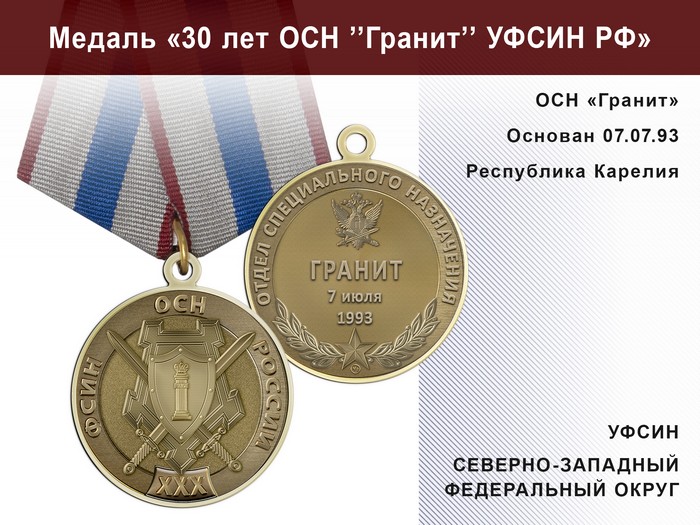 Медаль «30 лет ОСН "Гранит" УФСИН РФ» с бланком удостоверения