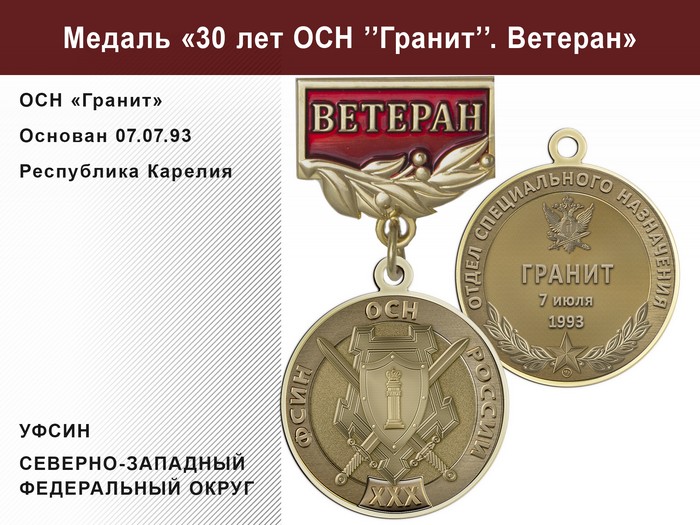 Медаль «30 лет ОСН "Гранит" УФСИН РФ» с бланком удостоверения, дополнительное фото 1