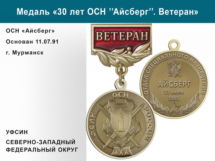 Медаль «30 лет ОСН "Айсберг" УФСИН РФ» с бланком удостоверения, дополнительное фото 1