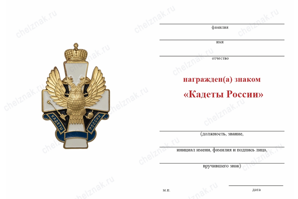 Обратная сторона награды Нагрудный знак «Кадеты России» с бланком удостоверения