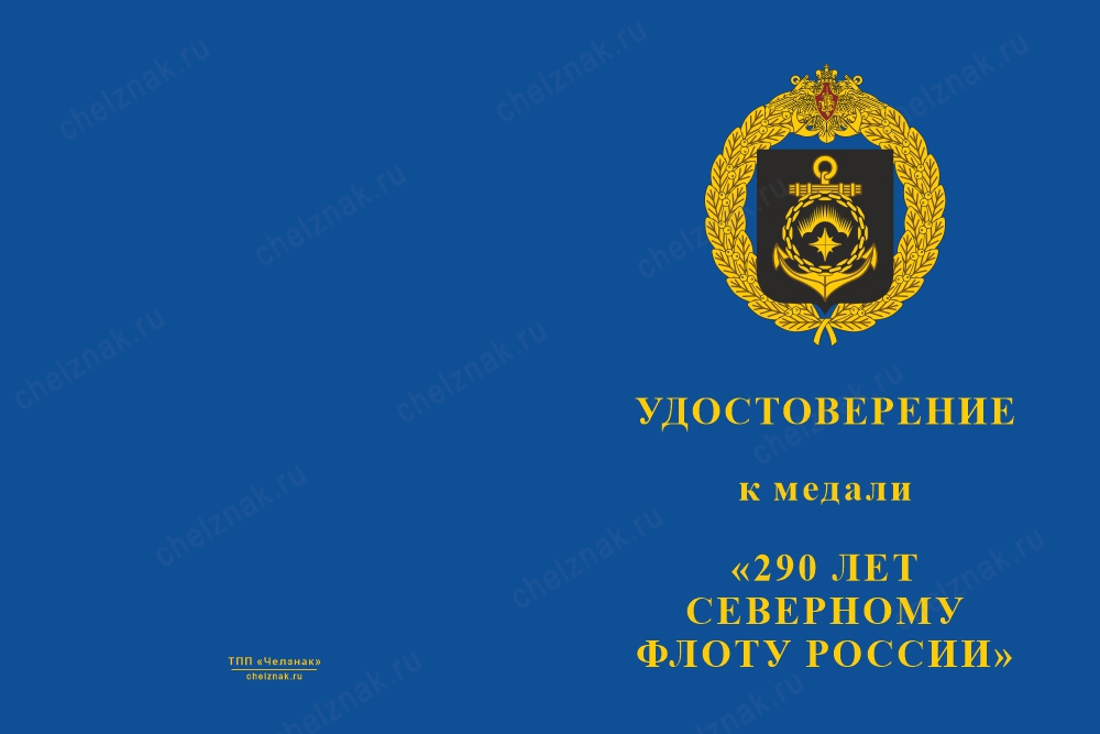 Лицевая сторона награды Медаль «290 лет Северному Флоту РФ. На страже морских рубежей» с бланком удостоверения